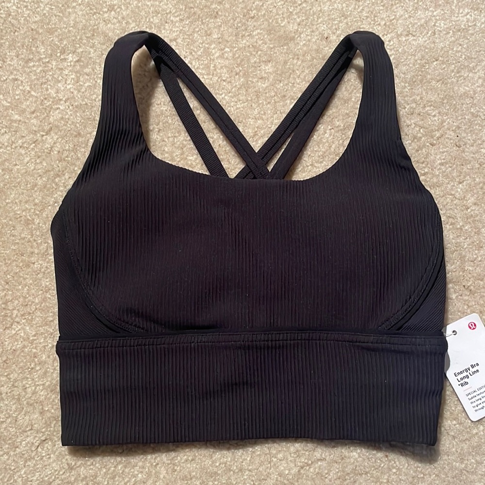 Lululemon, Energy Bra along Line, Black ribbed material, Size 2, New with tags